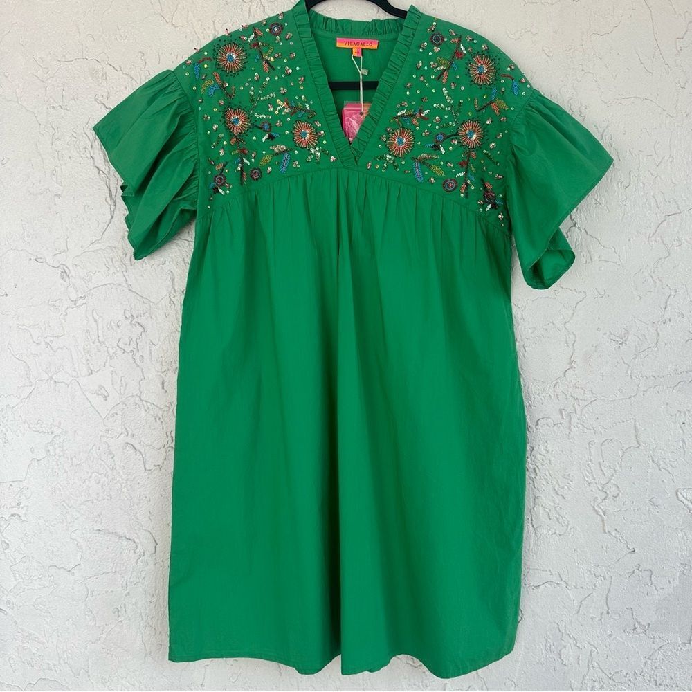 VILAGALLO Dress Women Size 40/8 Eliza Green Boho Beaded Tunic Peasant